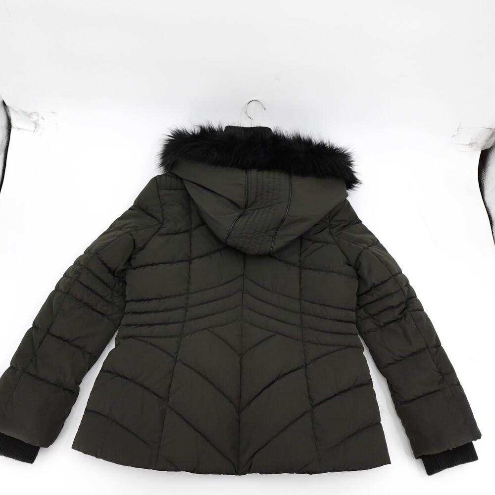 GUESS Jacket Womens Large Green Puffer Hood Faux Fur Trim Zip Pockets Warm - Picture 12 of 16